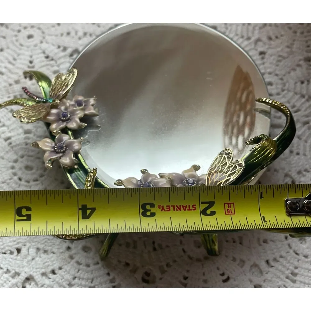Vtg MCM Dragonfly Mirror Enamel Rhinestone Floral Jewelry Table Top Vanity Decor